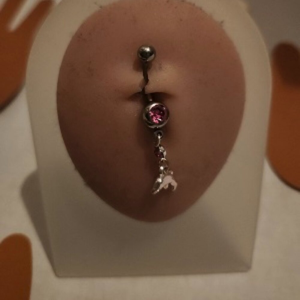 Dangle Crystal Dolphin Pink Crystals Navel Ring ~ N-5099-POSH
